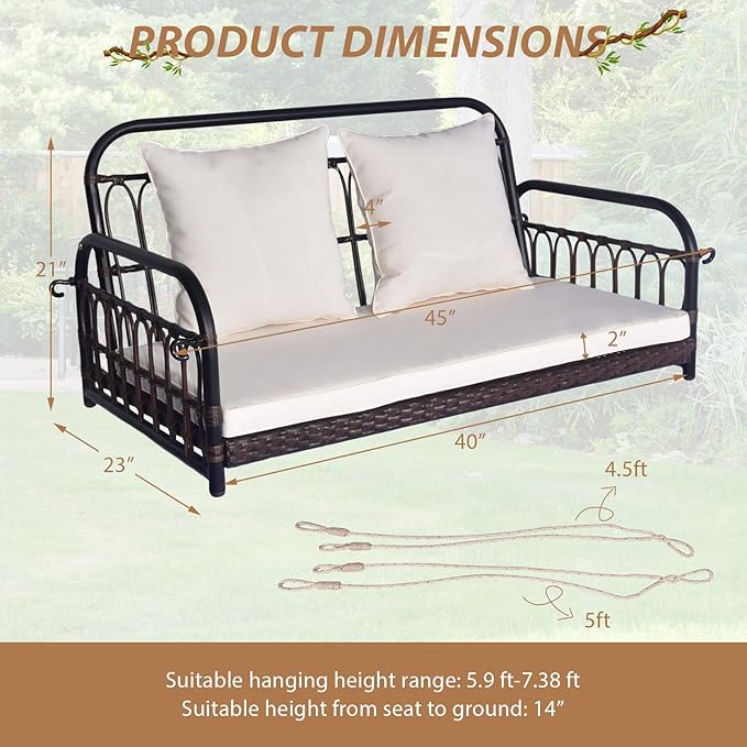 Tangkula Outdoor Wicker Porch Swing, 2-Person Hanging Seat with Seat & Back Cushions, Heavy-Duty Metal Frame & 2 Sturdy Hanging Ropes, Wicker Woven Swing Loveseat for Front Porch, Backyard (Off White) TANGKULA
