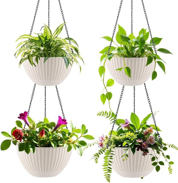 Hanging Planters for Indoor Outdoor Plants 8 and 10 Inch, 4 Packs Hanging Flower Pot with Drainage Holes, Self-Watering Hanging Basket Perfect for Home, Office and Garden, White RooTrimmer