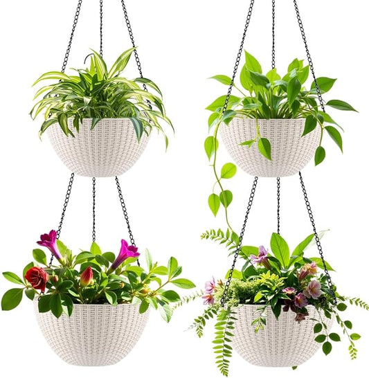 Hanging Planters for Indoor Outdoor Plants 8 and 10 Inch, 4 Packs Hanging Flower Pot with Drainage Holes, Self-Watering Hanging Basket Perfect for Home, Office and Garden, White RooTrimmer