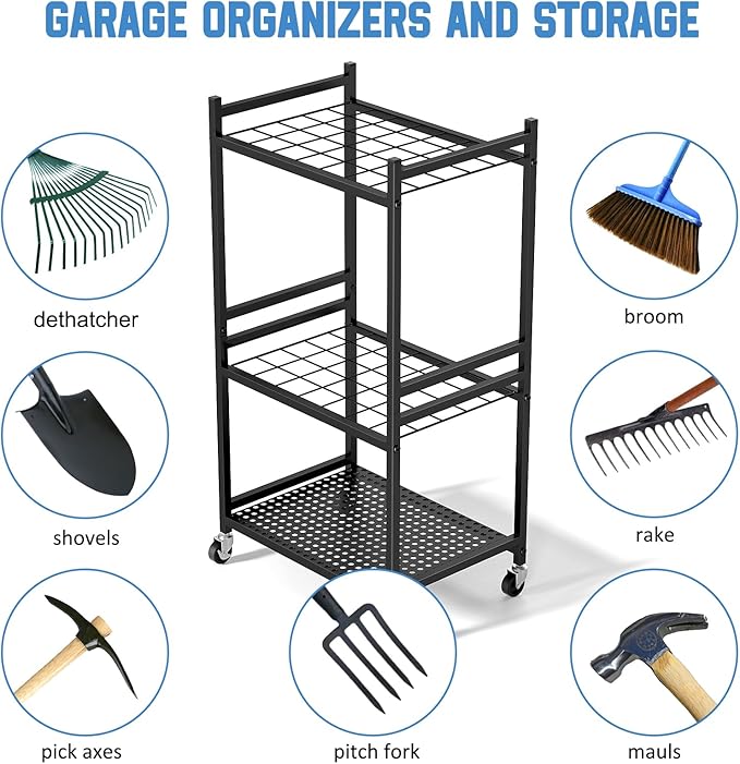 Garden Organizer With Wheels, Yard Tower Rack for Garage Storage, Up to 35 Long-Handled Tools, Sturdy Metal Steel Holder With 3 Hooks, Outdoor, Black DAOUTIME