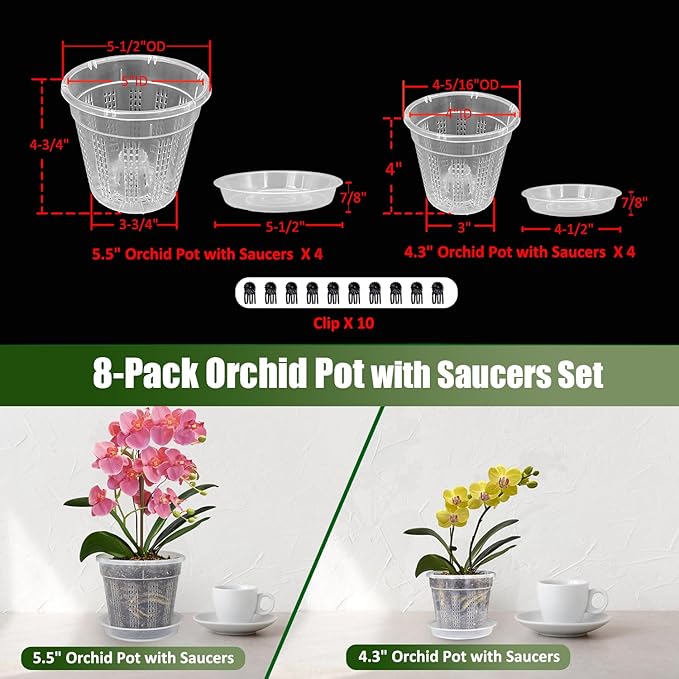 Orchid Pot with Saucers, 4 Each of 4.3",5.5" Orchid Pots with Holes, 8PcsClear Plastic Planter for Indoor Outdoor Plants (4 Each of 4.3,5.5" with Saucers) HOLANHING