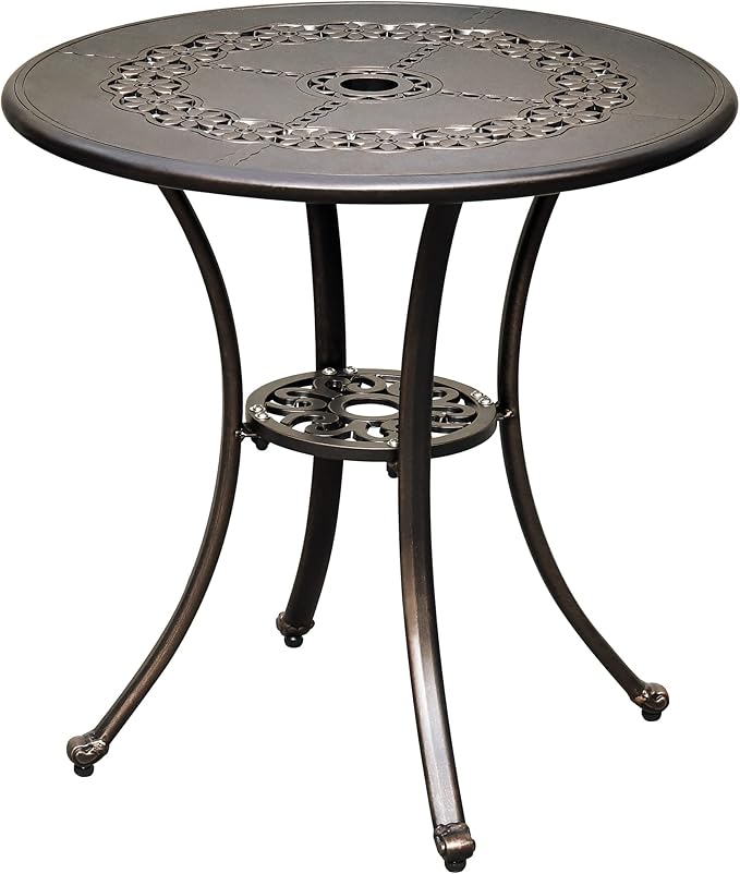 DWVO 25 Inches Round Patio Dining Table with Umbrella Hole, Antique Cast Aluminum Outdoor Bistro Table Outdoor Side Table for Backyard, Garden, Patio, Porch, Hammered Bronze DWVO