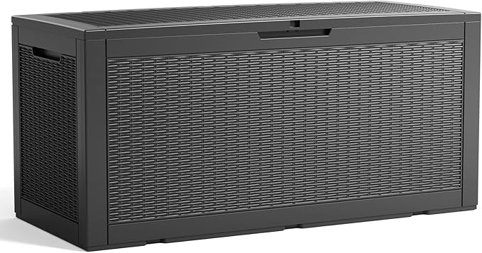 100 Gallon Outdoor Deck Box, Lockable Waterproof Outdoor Storage Boxes For Garden Tools,Indoor Cushions,Accessories Outside Storage Resin Weatherproof Container(Black) MAIUSCOLI