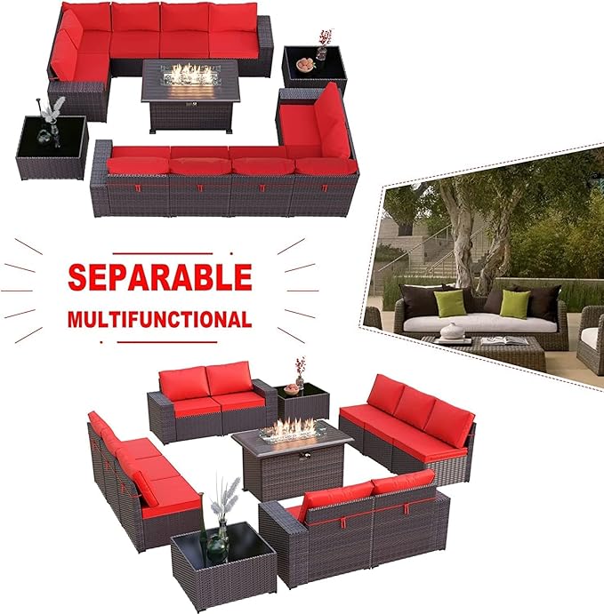 Kullavik 13 Pieces Outdoor Patio Furniture Set with 43" 55000BTU Gas Propane Fire Pit Table PE Wicker Rattan Sectional Sofa Patio Conversation Sets,Red KULLAVIK