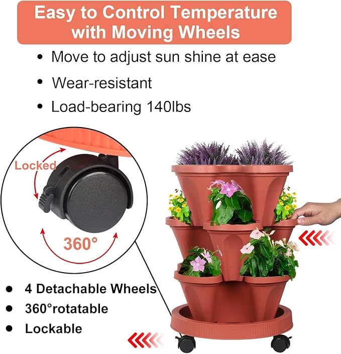 Vertical Planter 3 Tier Stackable Planters Garden Planters Strawberry Herb Flower and Vegetable Planter Indoor Outdoor Gardening Pots with Removable Wheels and Tools GameXcel