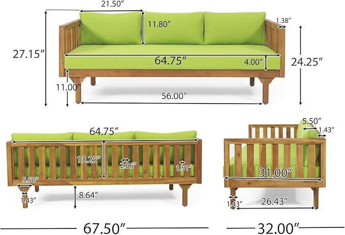 Merax Outdoor 3 Seater Daybed, Acacia Wood Day Bed Couch Sofa with Cushions for Patio Backyard, Garden, Green Merax