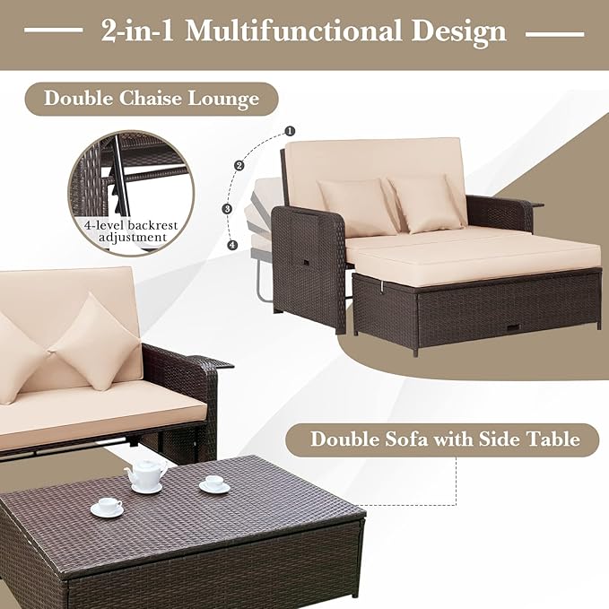 Tangkula Patio Rattan Daybed with 4-Level Adjustable Backrest, Outdoor PE Wicker Loveseat with Storage Ottoman & Folding Side Tray, Double Sunbed Lounger for Balcony, Backyard & Poolside TANGKULA