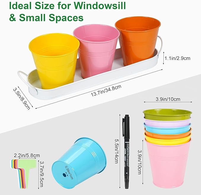 Herb Garden Planter Indoor Kit – 6 Metal Pots with 2 Trays for Windowsill & Kitchen Counter – Modern Decorative Indoor Planters for Herbs, Succulents & Small Plants Wacloud
