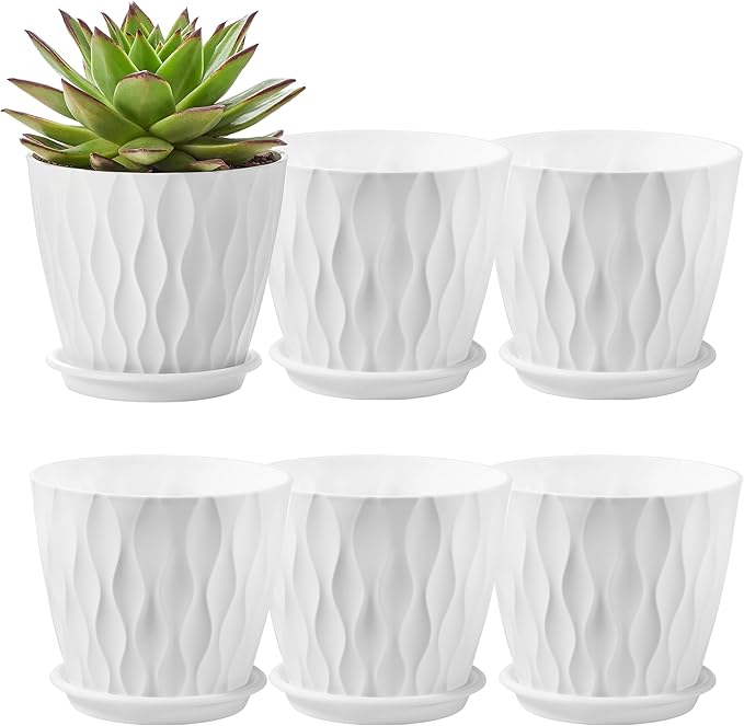 FaithLand 6-Pack 6-Inch Plastic Plant Pots with Saucers | Thickened PP Material, Modern Wave Texture, Enhanced Drainage for Indoor/Outdoor Garden Plants | White Value Set FaithLand
