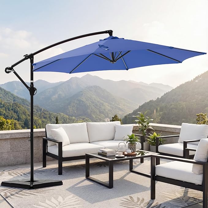 OLIXIS Offset Patio Umbrella, 9.7FT Cantilever Table Umbrellas for Outdoor Sun Shade UV Protection with Easy Tilt Adjustment, 8 Ribs for Backyard, Lawn, Garden, Pool - Blue OLIXIS