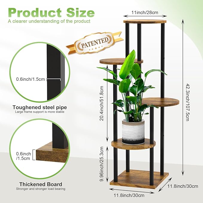 5 Tier Wood Tall Plant Stand Metal Rack Indoor, Multiple Flower Pot Holder Shelves Corner Rack, Round Planter Shelf Display Rack Storage Organizer for Patio Living Room Balcony(Black) YOCOMEY