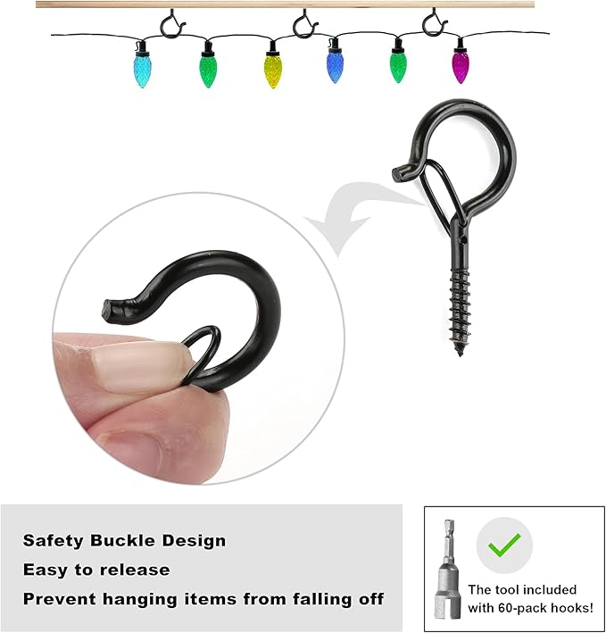 PlusRoc 60 Pack Ceiling Hooks for Hanging Plants Outdoor String Lights Heavy Duty, 2.2 Inch Eye Hook Screw in Cup Hooks Q-Hanger for Patio Lights, Wall Wood Fence Deck Mount(Black) PlusRoc
