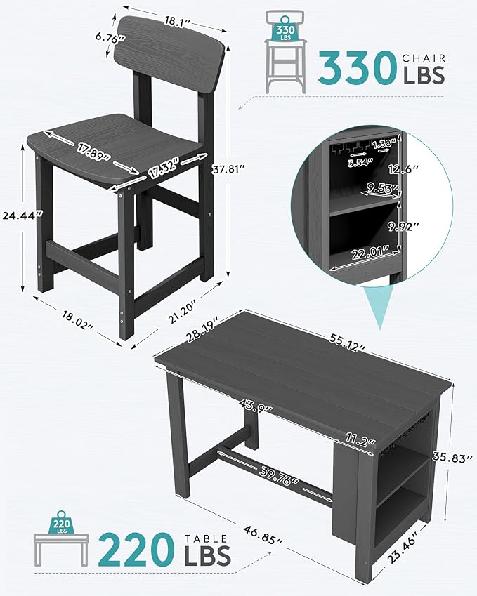 SERWALL 8-Piece Counter Height DiningTable Sets with Storage and Wine Rack, HDPE 2 Rectangular Bar Table with Bar Stools Set of 6 for Garden, Backyard, Kitchen, Gray SERWALL