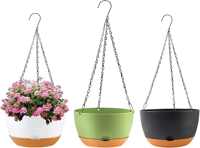 10 inch Hanging Planters for Indoor Outdoor Plants with Self-Watering Pots, 3 Pack Plastic Hanging Basket with Removable Tray for Home Garden Porch Balcony Patio Decor(White+Black+Green) KPUVX