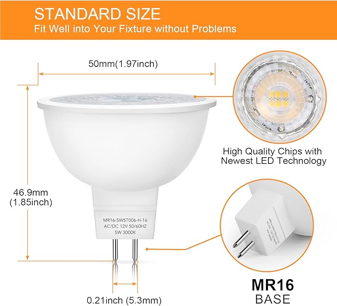 Mlambert 12 Pack MR16 LED Bulbs 50W Halogen Equivalent,3000K Soft White,5W GU5.3 MR16 12V Spotlight Bulb,Non-Dimmable,45° Beam Angle for Landscape, Recessed Mlambert