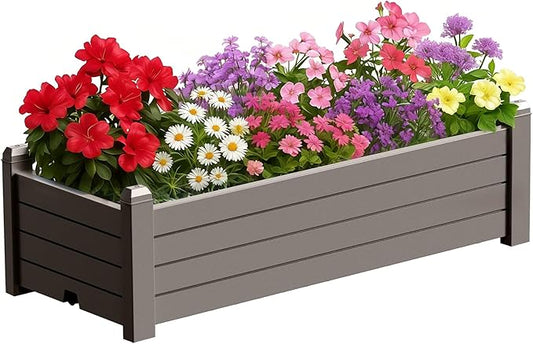 Raised Garden Bed, 21 Gallon Self-Watering Outdoor Raised Planter Box with Drainage Plug and Gauge for Vegetables, Flowers and Herbs, Durable Rustproof Resin for Backyard Patio Porch (Grey) OutdoorLivingPerfected