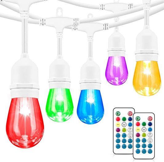 Mlambert 48FT Outdoor Patio Lights, 6 Lighting Modes RGB Cafe String Lights with 15 Dimmable LED Shatterproof Bulbs for Deck Porch Gazebo-White 1 Pack Mlambert