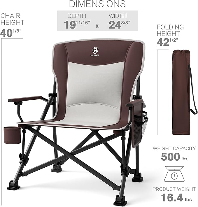 EVER ADVANCED Oversized Folding Camping Chair, for Adults Heavy Duty Lawn Chair with Side Pockets, Portable Collapsible Quad Chair for Outside, Support Up to 500lbs, Red 2Pack EVERADVANCED