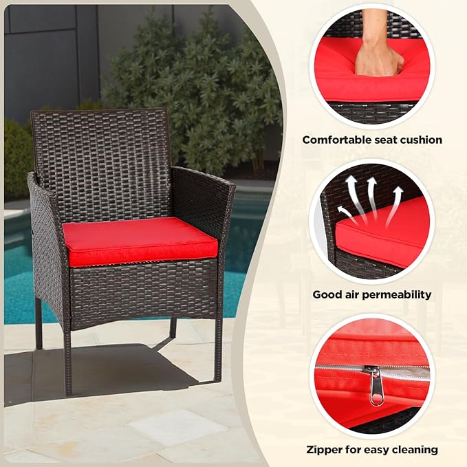 FDW | 4-Piece Patio Furniture Set | Brown & Red | Outdoor Wicker Furniture with Coffee Table | Modern Rattan Chairs Conversation Set | Outdoor Seating | Weather-Resistant | for Porch, Garden, Lawn FDW
