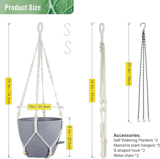 Self Watering Hanging Planters 10 inch, 2 Pack Hanging Flower Pots for Indoor Outdoor Plants, Hanging Baskets with Drainage Holes & 2 Kinds of Plant Hangers for Garden Decor, Speckled Grey Meowell