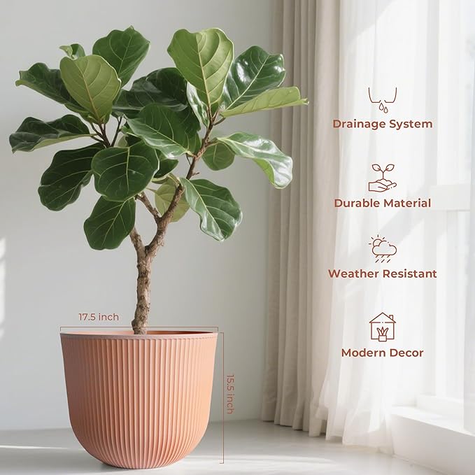 Worth Garden Round Large Planter Pot Set of 2, 17.5" Dia x 15.5" H - Durable Plastic Terracotta Plant Tree Pots with Vertical Stripe Textured Finish, Drainage Hole for Indoor Outdoor Front Porch Patio WORTH
