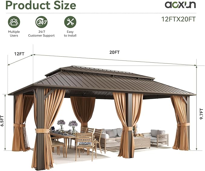 Aoxun 10x12 Gazebo Outdoor Hardtop Gazebo with Double Galvanized Steel Roof Metal Frame Pavilion with Breathable Netting and Privacy Curtain for Backyard (Brown) Aoxun
