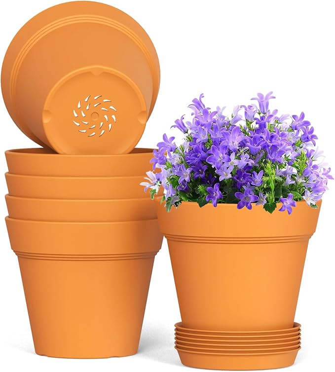 6 Inch Thick Plastic Plant Pots with Drainage Holes and Trays – 6 Pack Nursery Pots for Indoor & Outdoor House Plants, Seedling Starter Planters for Garden Flowers, Terracotta WSMKSZ