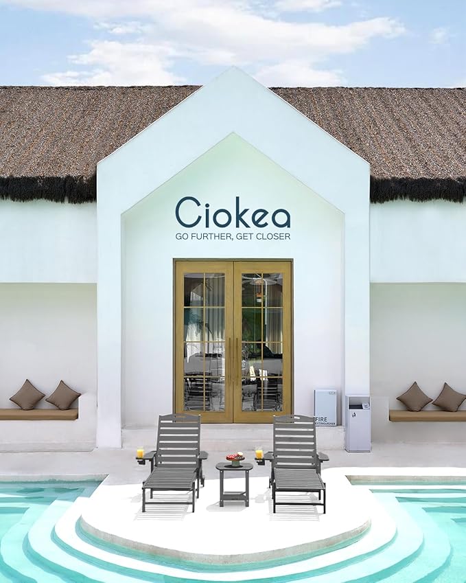 Ciokea Outdoor Chaise Lounge Chair Set of 2, Patio Lounge Chairs for Outside, HDPE Lounge Chairs with Wheels & Cup Holder, Poly Lounge Chair with 5 Position for Poolside, Deck, Dark Grey CIOKEA