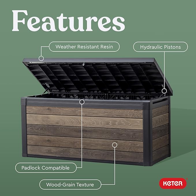 Keter Signature Collection 150 Gallon Resin Deck Box Organization and Storage Box for Patio Outdoor Cushions, Throw Pillows, Garden Tools and Pool Supplies, Walnut Keter