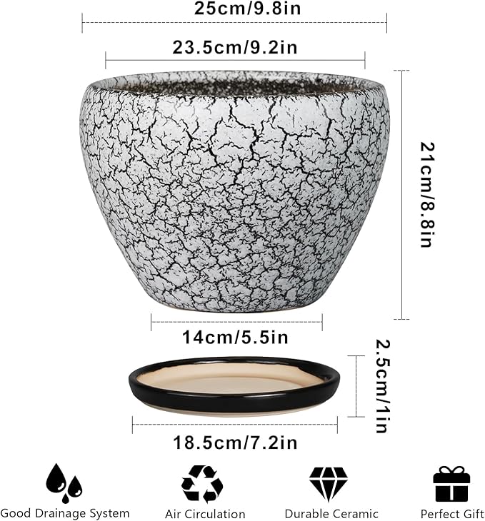 Ceramic Planters for Indoor Plants - 10 Inch Plant Pot with Drainage Hole and Saucer, Large Flower Pot for Home Decor, White/Black Ceramicfor