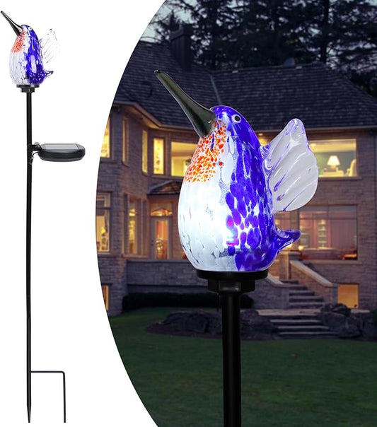 Afirst Decorative Solar Lights Outdoor Solar Hummingbird Stake Lights Hand Blown Glass Decorative Garden Pathway Light Outdoor Waterproof Glass Stakes Blue Afirst