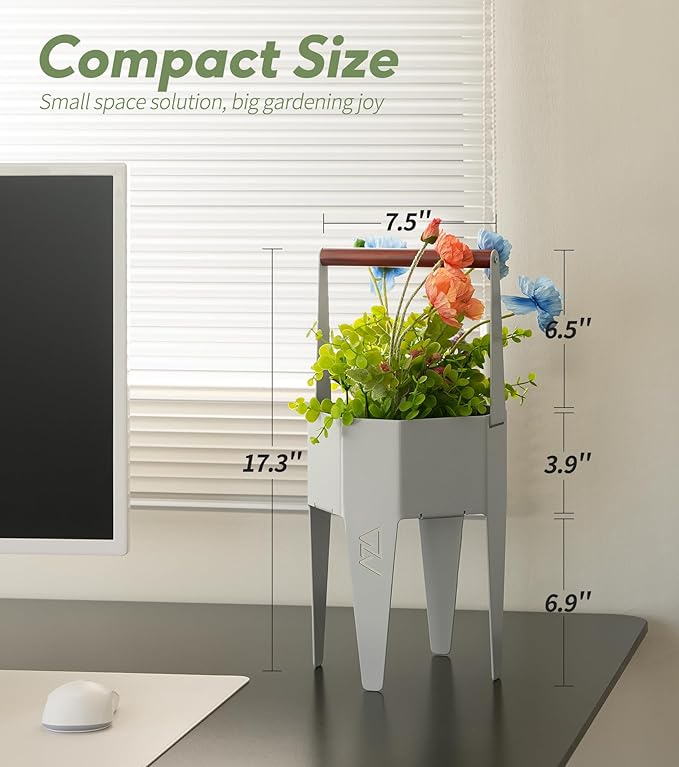 Planter with Stand, Metal 2 in 1 Portable Planter with Grow Bags & Handle, Stable Stylish Indoor Plant Pots with Stand, Modern Flower Pots Outdoor, 7.5'' x 17.3'', White, Plant Not Included SculptingLightGarden