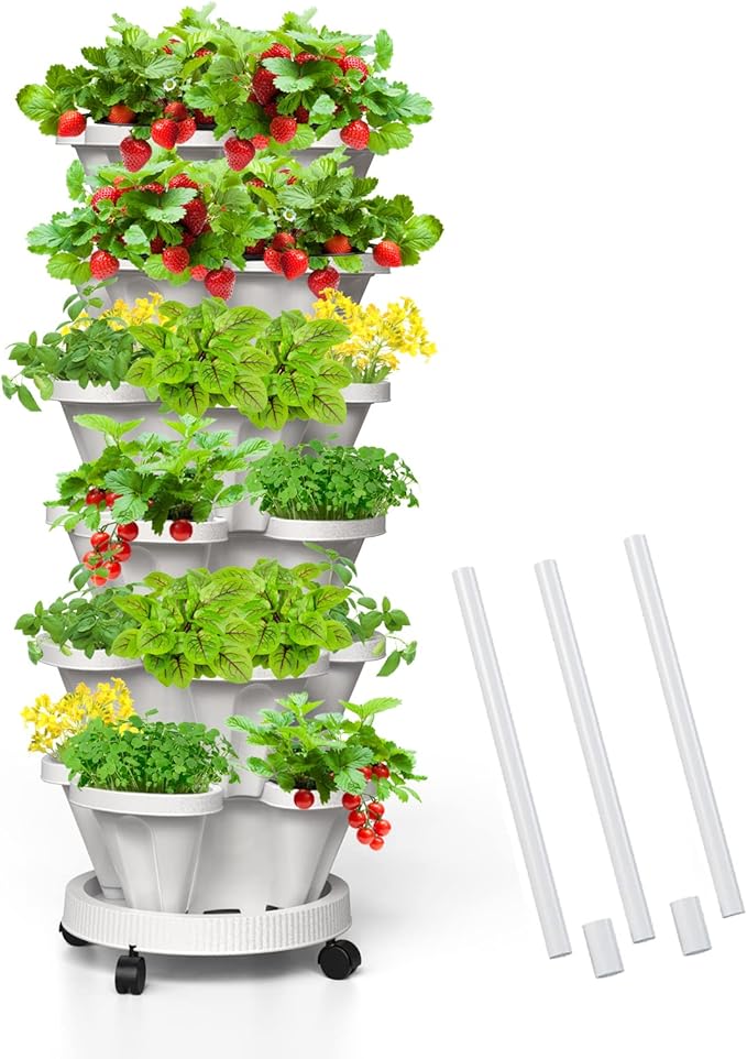 6 Tiered Strawberry Vertical Planters, Stacking Tower Garden with Support Pole, Stackable Herb Vegetable Planters Indoor and Outdoor - White Tectsia