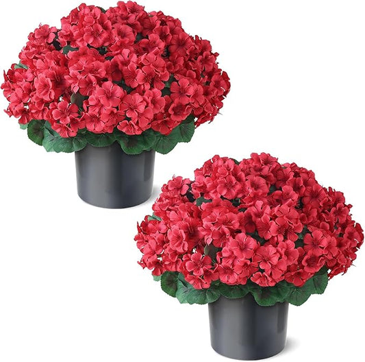 2 Pack Artificial Geranium Flowers Topitary Trees for Outdoors, UV Resistant Geraniums Potted Bushes Look Real Silk Faux Plants for Front Door Garden Porch Planter Farmhouse Home Decor (Red) GLIDLION