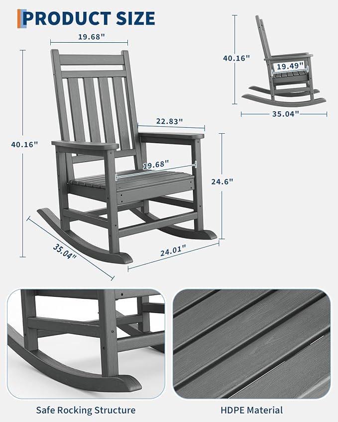 GarveeLife Poly Lumber Rocking Chair Outdoor Set of 2 with Side Table - HDPE High Back Porch Rocker Chairs for Adults - All Weather Resistant Furniture for Patio - Gray GarveeLife
