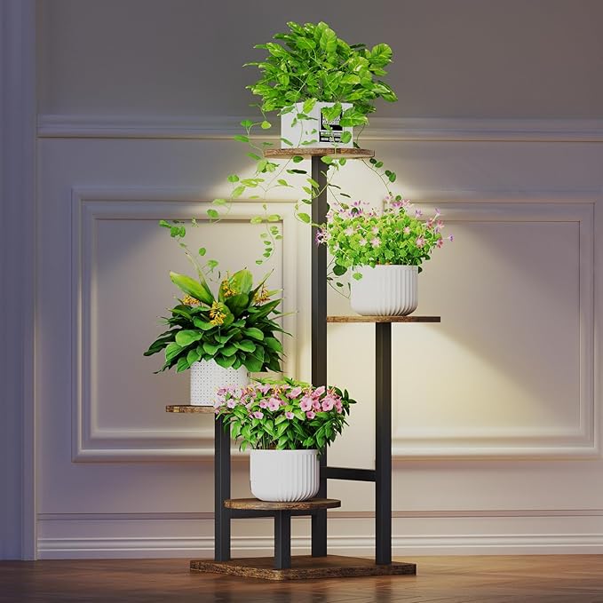 Plant Stand Indoor with Grow Light,4-Tiered Tall Plant Stand Indoor, Metal Plant Shelf with Adjustable Light, Ideal for Living Room, Garden, Patio (Black Brown) Homsorout