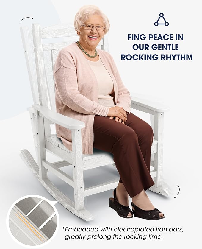 KINGYES HDPE Patio Rocking Chair Set of 4, Outdoor Rocking Chairs Porch Rocker for Adults, White KINGYES
