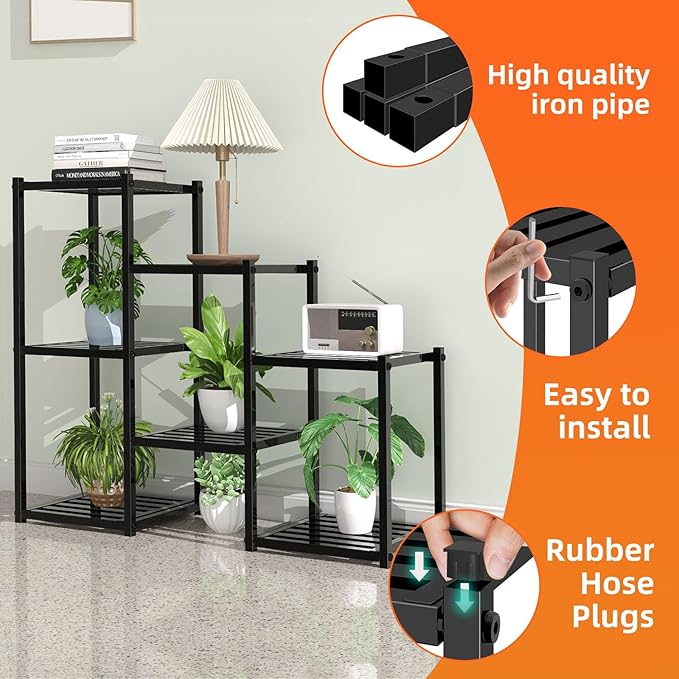 Simple Trending Plant Stand Indoor Outdoor, Heavy Duty Metal Waterproof 7 Tiered Plant Shelf for Multiple Flower Planter Holder Tall Large Rack, Black SimpleTrending