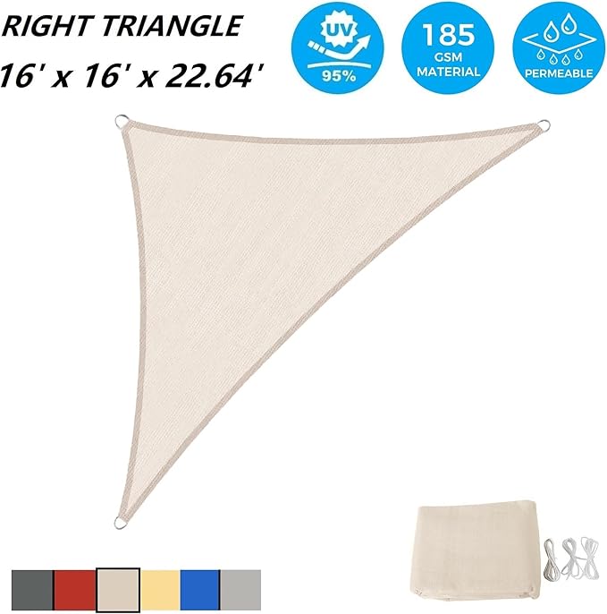 ASTEROUTDOOR Sun Shade Sail Triangle 16' x 16' x 22.64' UV Block Canopy for Patio Backyard Lawn Garden Outdoor Activities, Cream AsterOutdoor