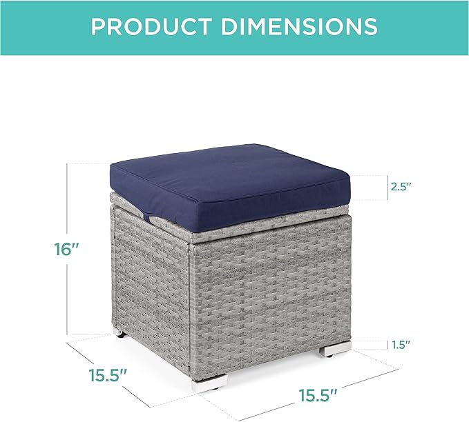 Best Choice Products Set of 2 Wicker Ottomans, Multipurpose Outdoor Furniture for Patio, Backyard, Additional Seating, Footrest, Side Table w/Storage, Removable Cushions - Gray/Navy BestChoiceProducts