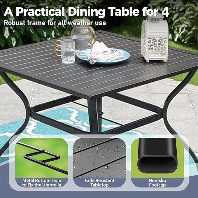 5 Piece Patio Dining Set for 4, 37”x37” Square Table with Umbrella Hole, 4 Metal Brown Chairs, Outdoor Table and Chairs Set for Lawn Backyard and Deck SUNSHINEVALLEY
