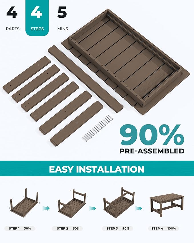 SERWALL HDPE Patio Coffee Table, Rectangle Outdoor Coffee Table, All Weather Patio Table for Deck, Pool, Balcony, Indoor or Outdoor Use, Coffee SERWALL