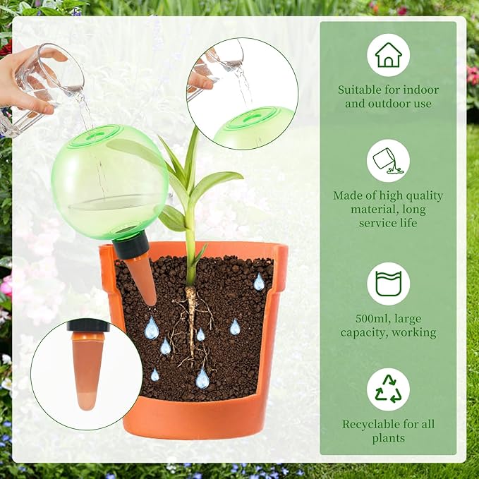 6pcs Large Plant Self Watering Globes, 17.5 oz Plastic Water Bulbs Top Fill, Plant Watering Devices System Slow Release Terracotta, Water Spikes Stakes for Indoor(6pack) GEWOSI