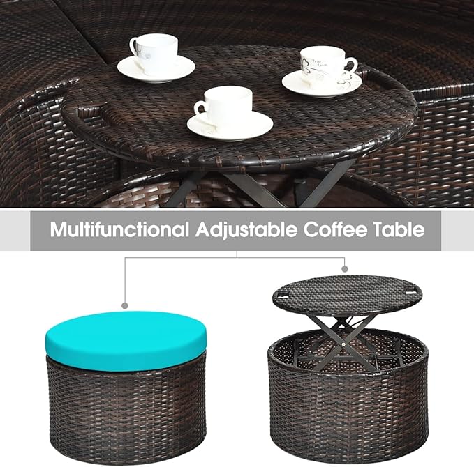 Tangkula Patio Round Daybed with Retractable Canopy, Outdoor Wicker Rattan Furniture Sets, Sectional Cushioned Sofa Set w/Height Adjustable Coffee Table, Rattan Conversation Sets (Turquoise) TANGKULA