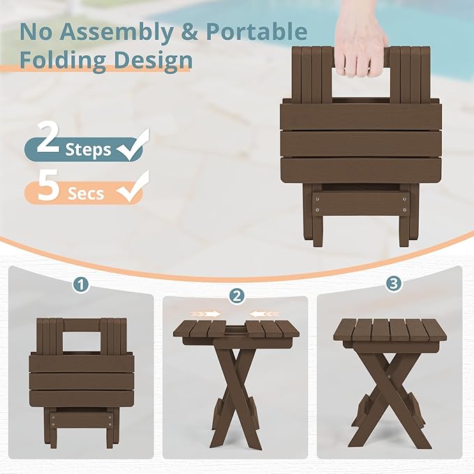 LUE BONA Small Outdoor Folding Side Table, HDPS Outside End Table for Patio, Porch, Deck, Pool, 14 Inch Height, Dark Brown LUEBONA