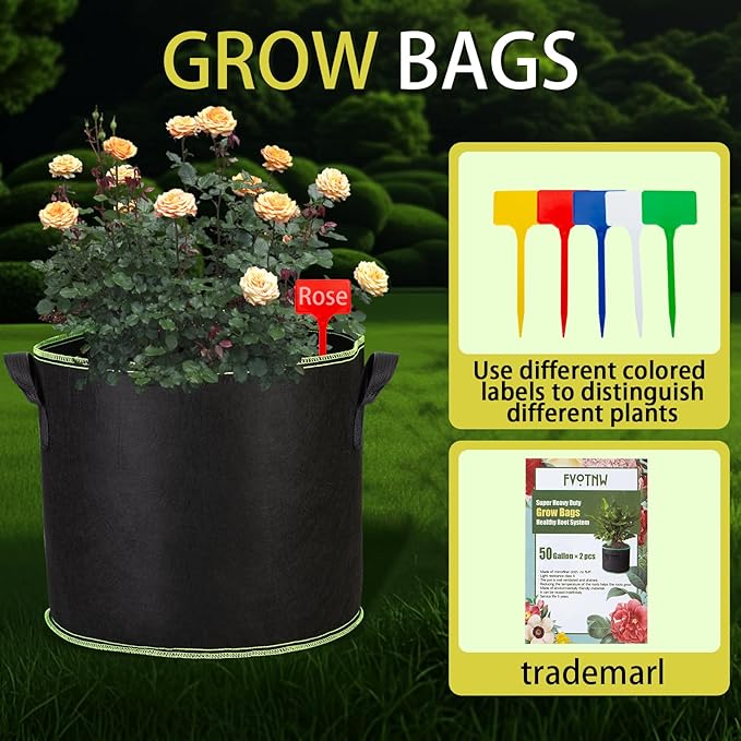 2-Pack 50 Gallon Plant Grow Bags, Thickened Nonwoven Fabric Pots with Handles,Sturdy Garden Planters Aeration Gardening Container to for Plants, Vegetables, and Flowers FVOTNW