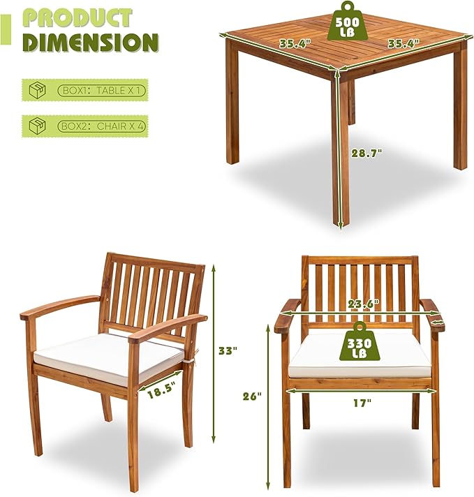 Flamaker 5 Piece Outdoor Dining Set Acacia Wood Patio Table and Chairs with Soft Cushions Patio Furniture for Deck, Backyard, Garden Flamaker