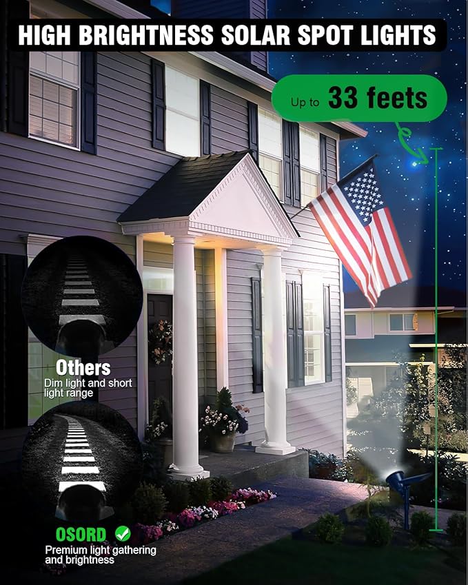 Solar Spot Lights Outdoor, 18 LED Bright Solar Powered Lights Outdoor Waterproof IP65 with 2 Modes Auto On/Off Landspace Flood Light for Flag Pole Palm Tree Sign Statue Garden Yard Patio (2 Pack) OSORD