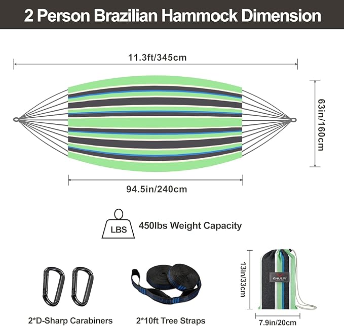 Brazilian Double Hammock with Tree Straps,Extra Large 94x63IN,2 Persons Hammock for Backyard Patio Outdoor and Indoor,450lbs Weight Capacity,Soft Woven Cotton Fabric - Black Stripe CHULIM