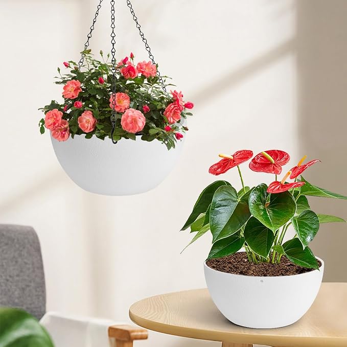 10 inch Hanging Planters for Indoor Plants, 2 Pack Planters for Outdoor Plants with Drainage Holes and Chain, Round Plastic Hanging Baskets, Hanging Flower Pots for Balcony Garden Decor-White HIGSEEU